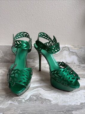 Sergio Rossi Metallic Emerald Green Laser-Cut Leaf Stilettos